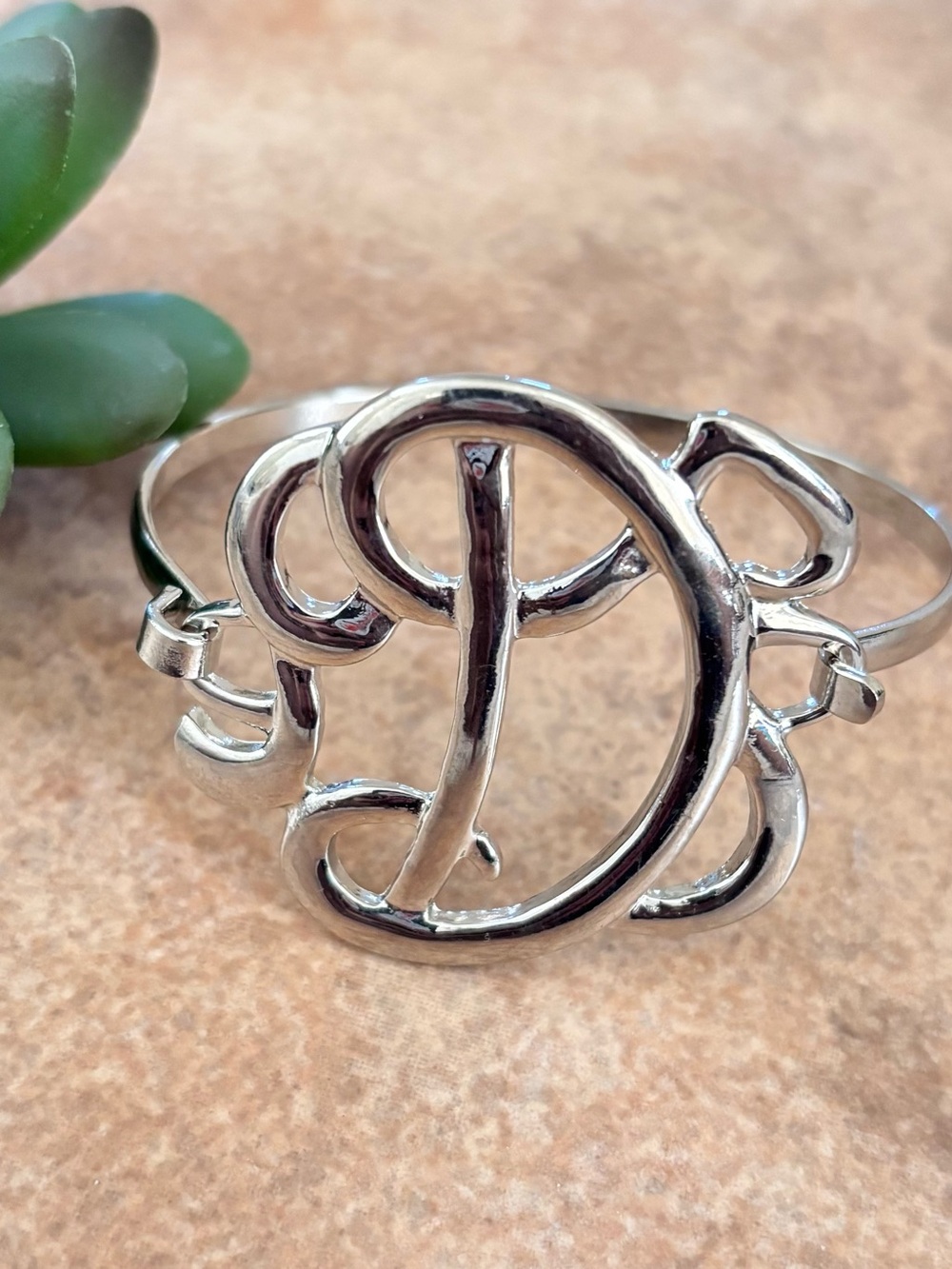 Silver Tone Monogram D Open Cuff Bracelet